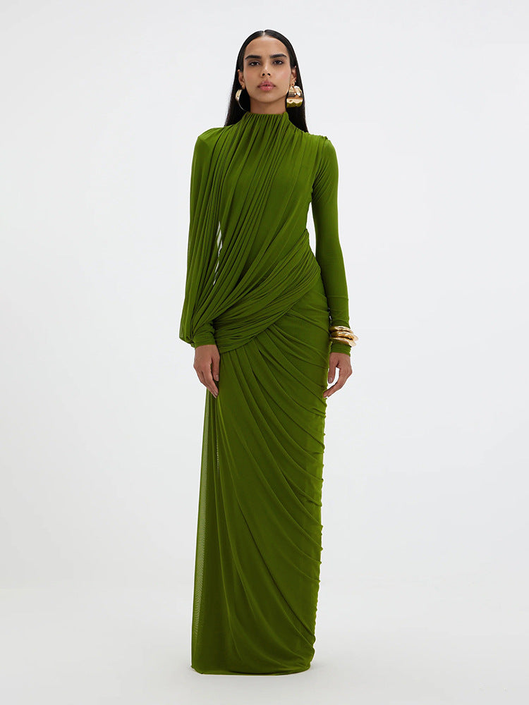 Anaëlle Draped High Neck Long Sleeve Maxi Dress