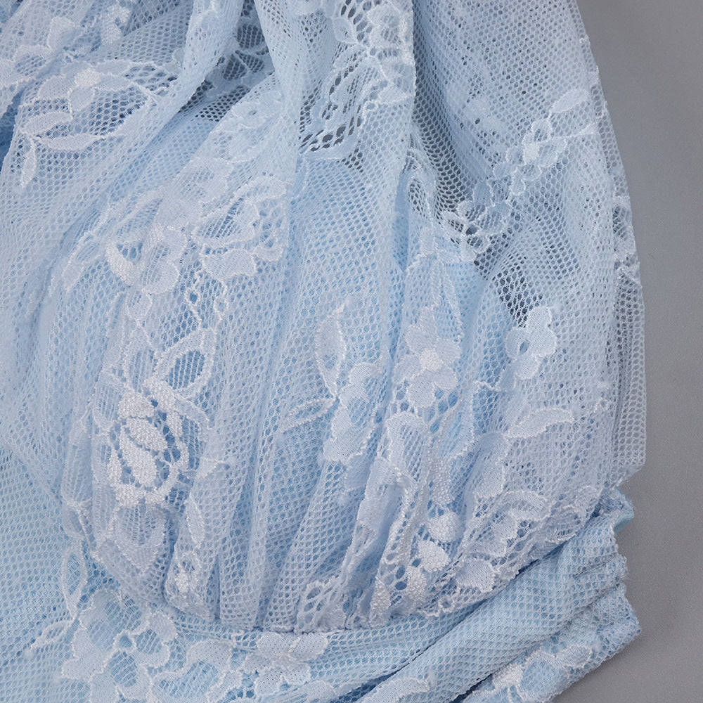 Angélique One Shoulder Draped Lace Maxi Dress / Blue