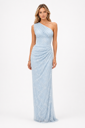 Angélique One Shoulder Draped Lace Maxi Dress Blue