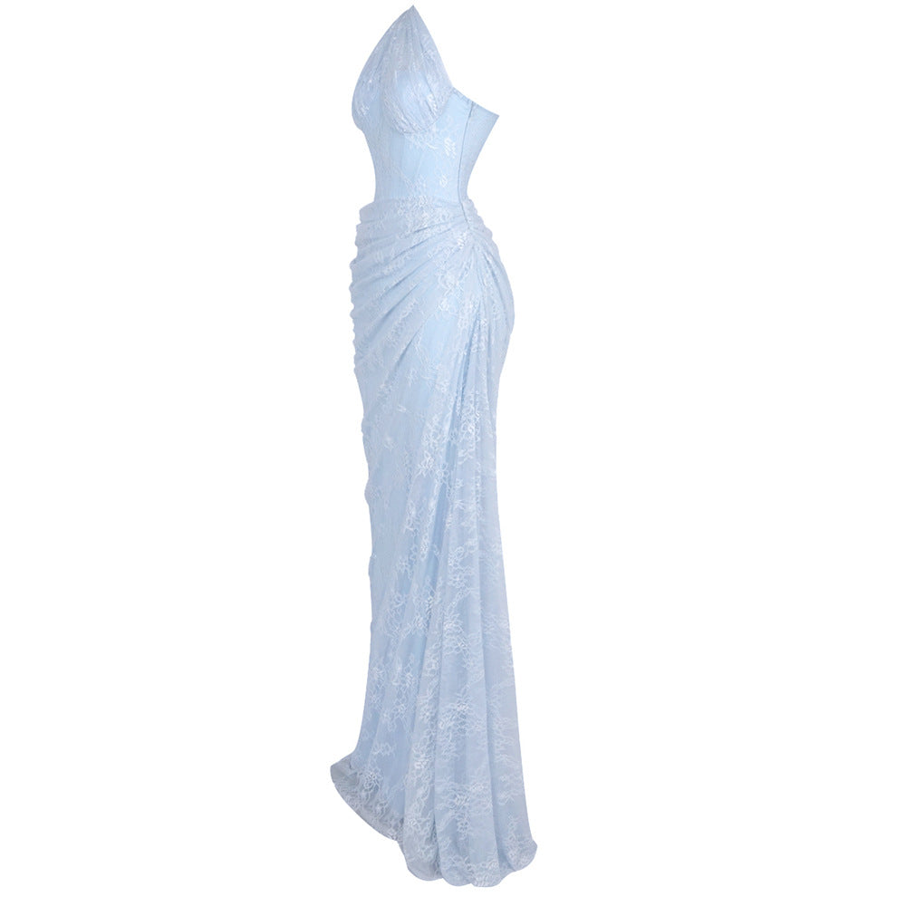 Angélique One Shoulder Draped Lace Maxi Dress / Blue