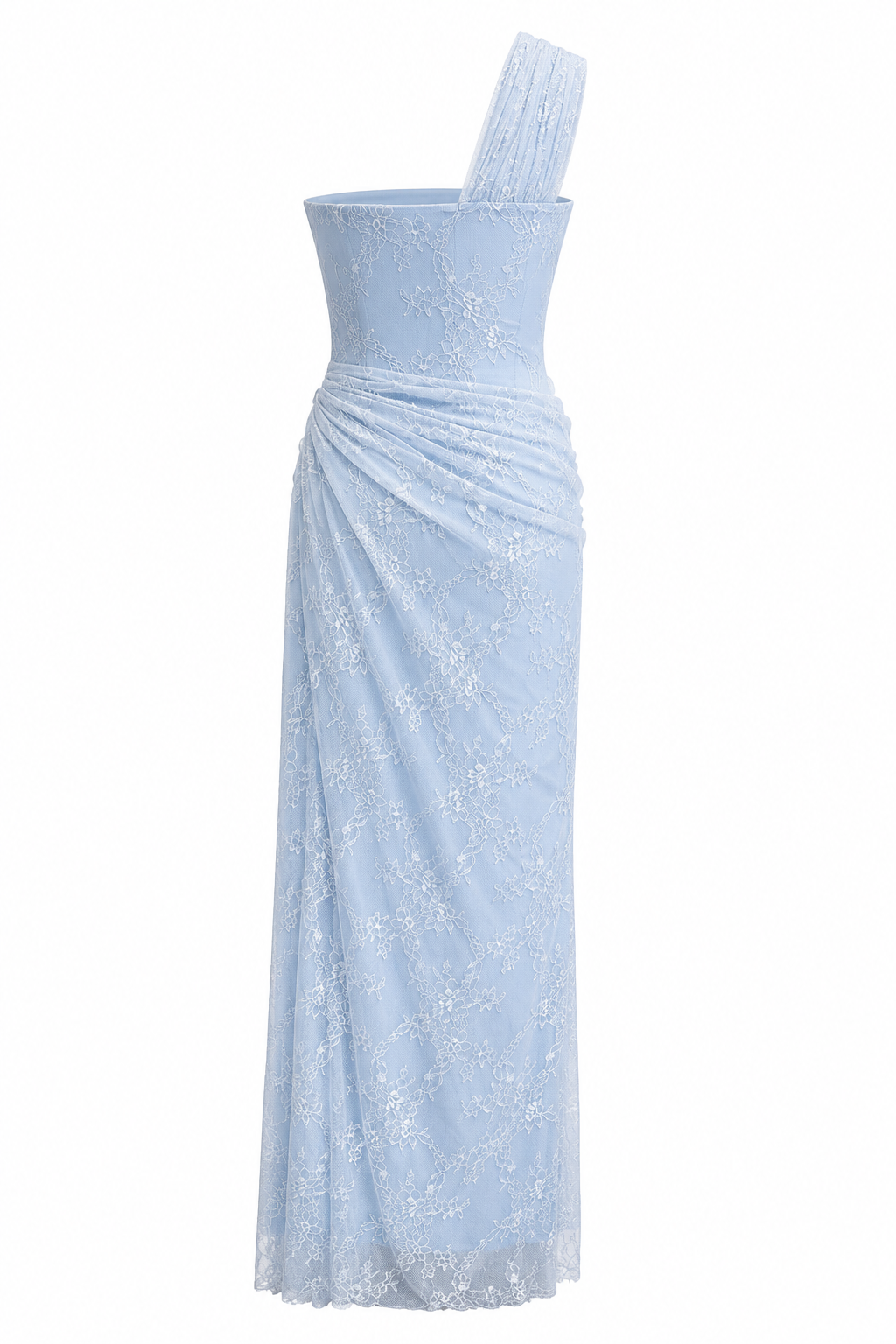 Angélique One Shoulder Draped Lace Maxi Dress Blue