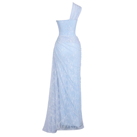 Angélique One Shoulder Draped Lace Maxi Dress / Blue