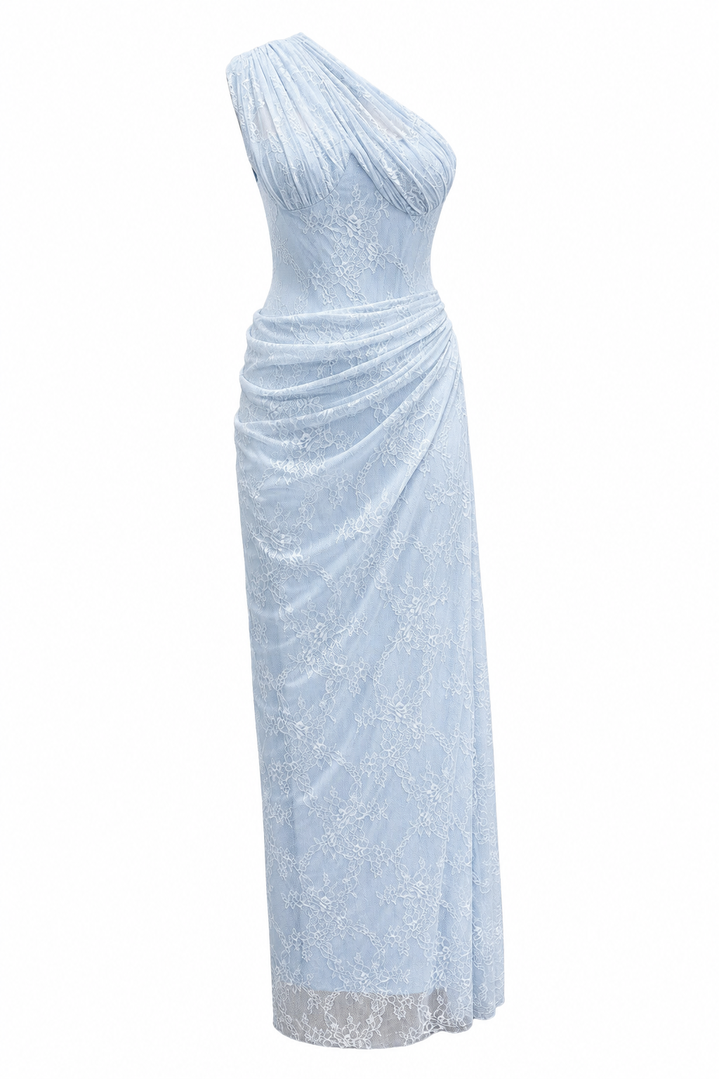 Angélique One Shoulder Draped Lace Maxi Dress Blue
