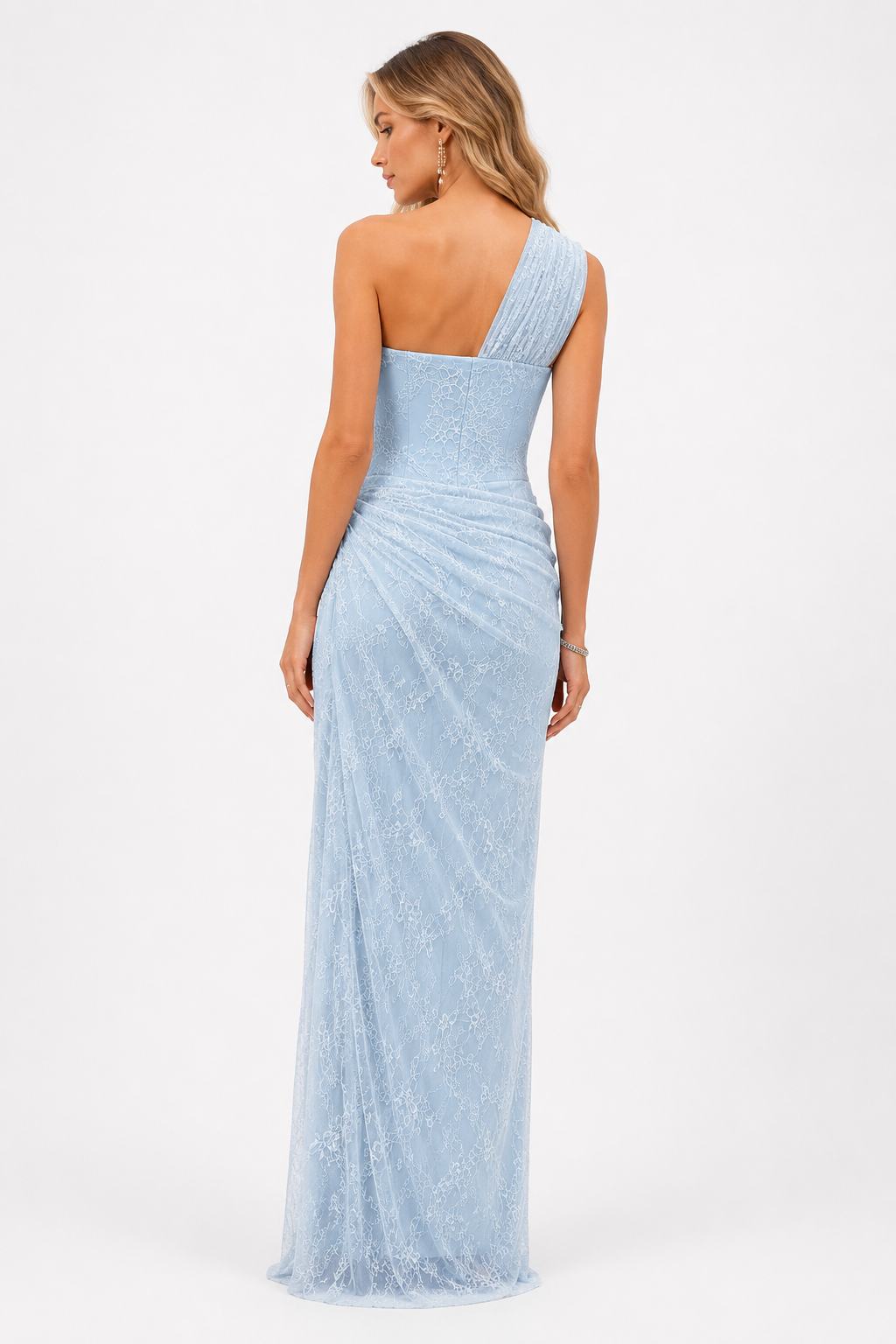 Angélique One Shoulder Draped Lace Maxi Dress Blue