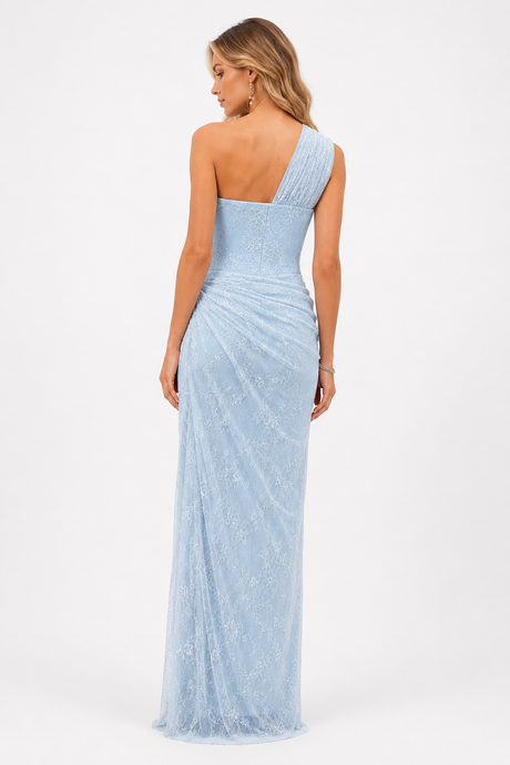 Angélique One Shoulder Draped Lace Maxi Dress Blue