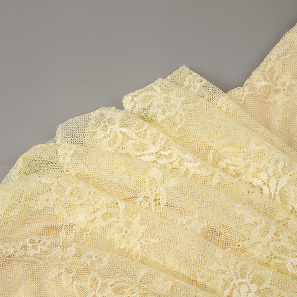 Angélique One Shoulder Draped Lace Maxi Dress Yellow
