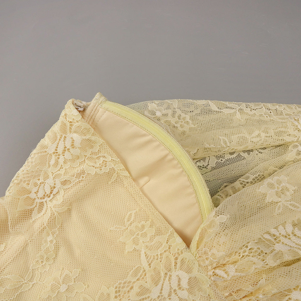 Angélique One Shoulder Draped Lace Maxi Dress Yellow