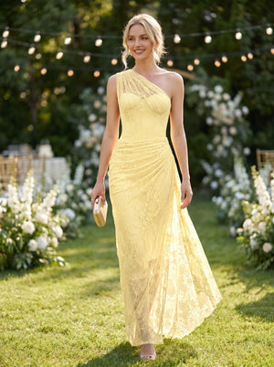 Angélique One Shoulder Draped Lace Maxi Dress Yellow