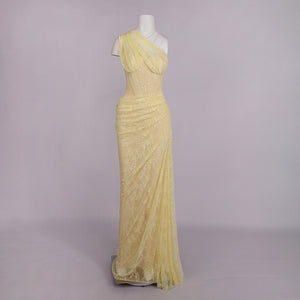 Angélique One Shoulder Draped Lace Maxi Dress Yellow