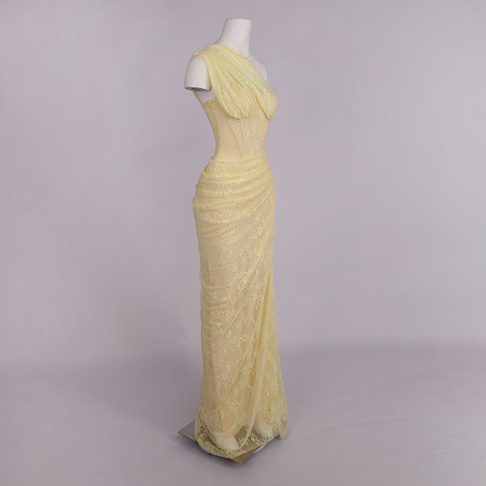 Angélique One Shoulder Draped Lace Maxi Dress Yellow