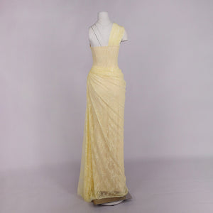 Angélique One Shoulder Draped Lace Maxi Dress Yellow