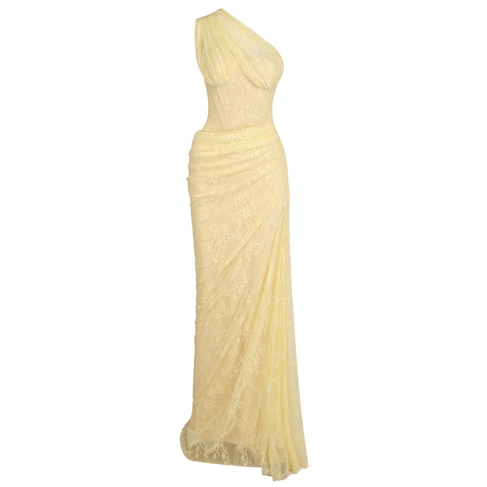 Angélique One Shoulder Draped Lace Maxi Dress Yellow