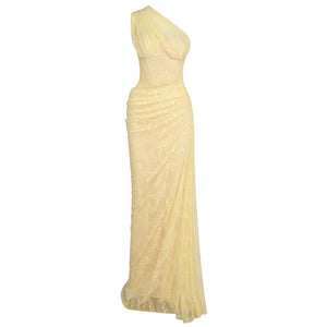 Angélique One Shoulder Draped Lace Maxi Dress Yellow