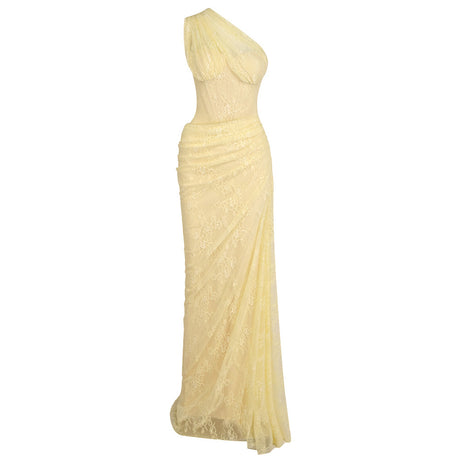 Angélique One Shoulder Draped Lace Maxi Dress Yellow