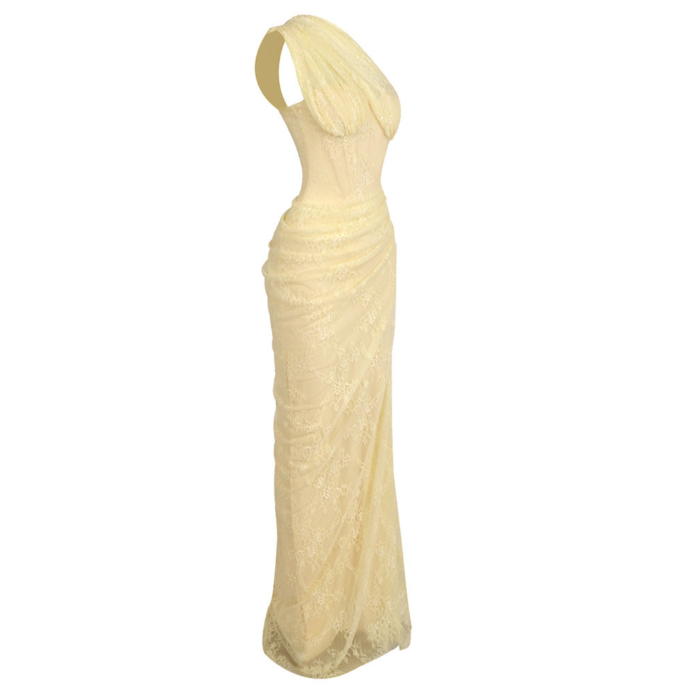 Angélique One Shoulder Draped Lace Maxi Dress Yellow