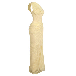 Angélique One Shoulder Draped Lace Maxi Dress Yellow