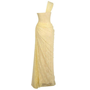 Angélique One Shoulder Draped Lace Maxi Dress Yellow