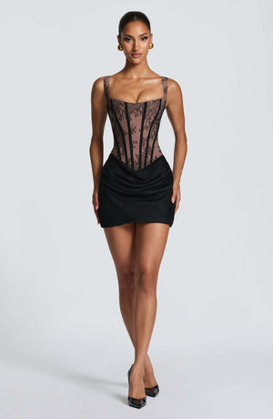 Aurohaya Aurelia Square-Neck Boned Mini Dress Midnight Black