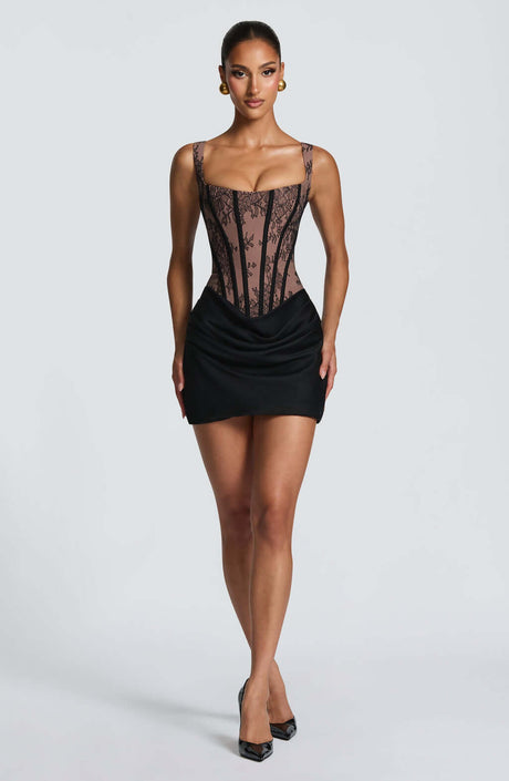 Aurohaya Aurelia Square-Neck Boned Mini Dress Midnight Black