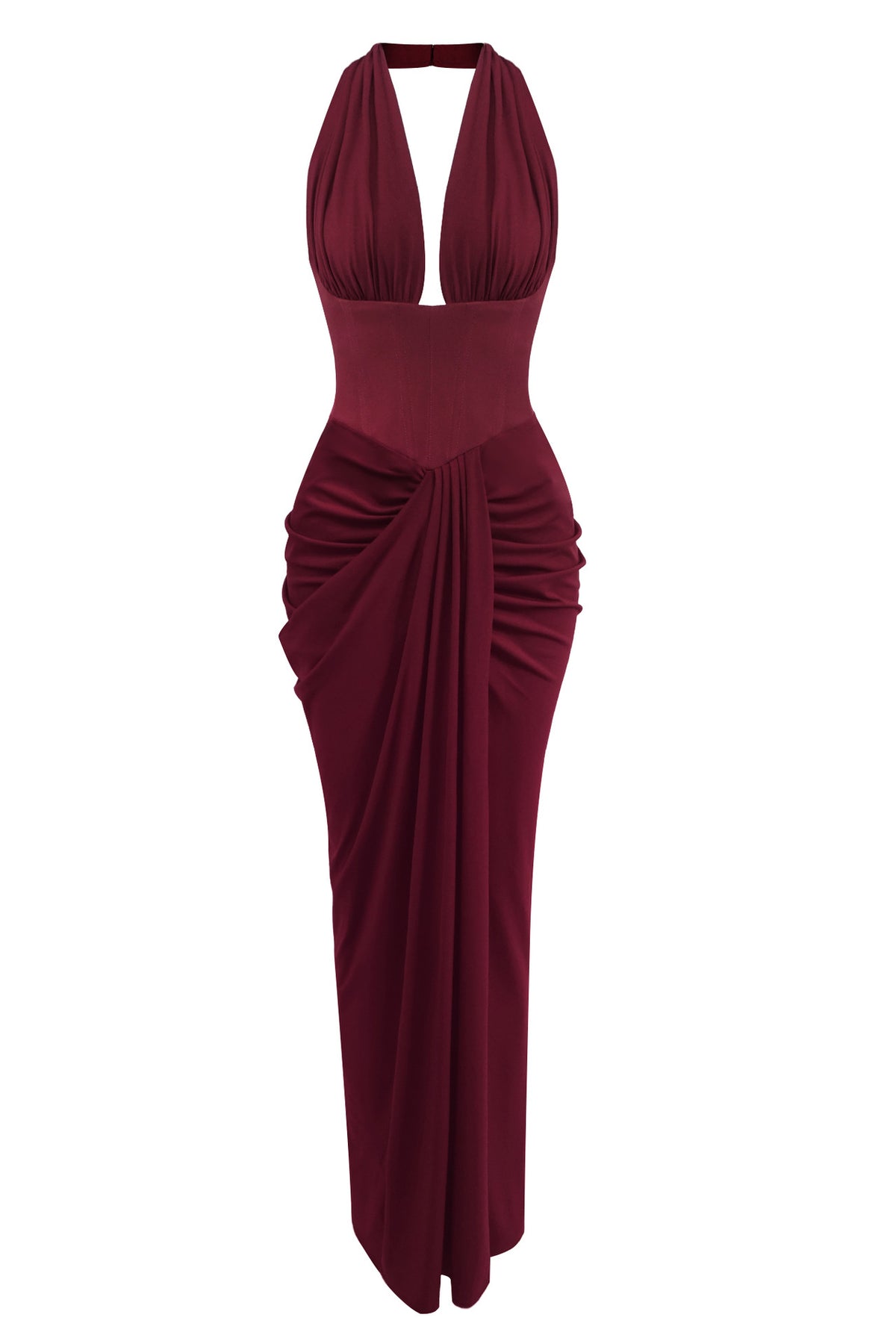 Auréline Plunging-Halter Corset Ruched-Slit Maxi Dress - Burgundy_-_selmori.com_-_02