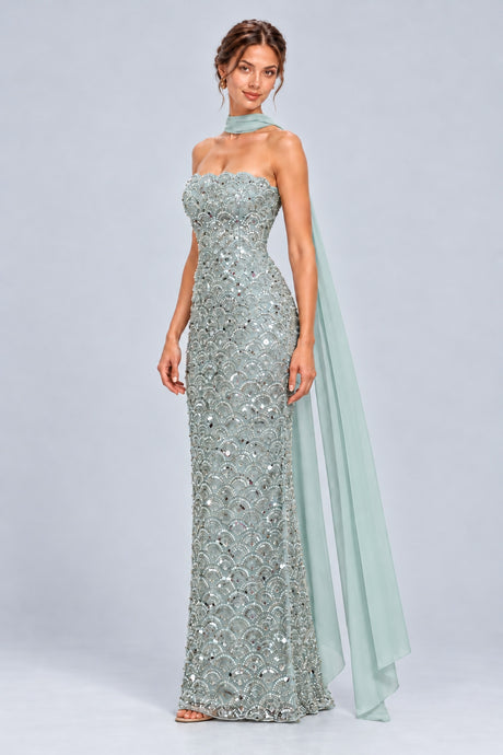 Avéliane Strapless Scalloped Beaded Maxi Dress with Neck Sash - Green_-_selmori.com_-_05