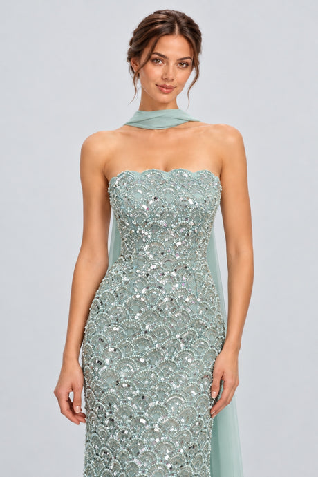 Avéliane Strapless Scalloped Beaded Maxi Dress with Neck Sash - Green_-_selmori.com_-_07
