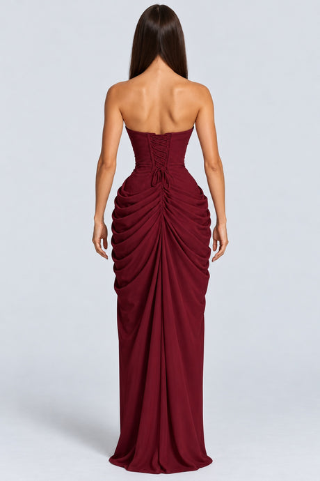 Azalée Strapless Draped High-Slit Maxi Dress - Burgundy_-_selmori.com_-_02