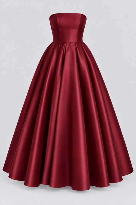 Calistelle Strapless Satin Lace-Up Pleated Maxi Dress - Burgundy_-_selmori.com_-_03