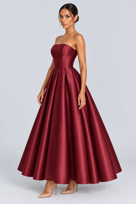 Calistelle Strapless Satin Lace-Up Pleated Maxi Dress - Burgundy_-_selmori.com_-_05