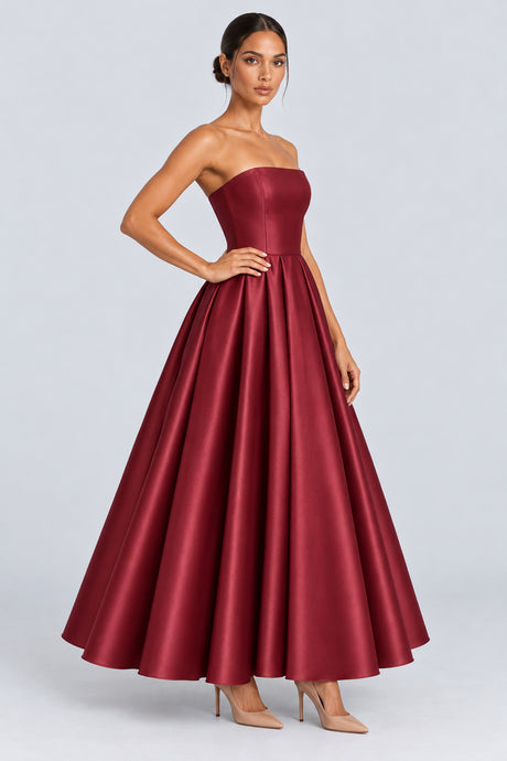 Calistelle Strapless Satin Lace-Up Pleated Maxi Dress - Burgundy_-_selmori.com_-_06
