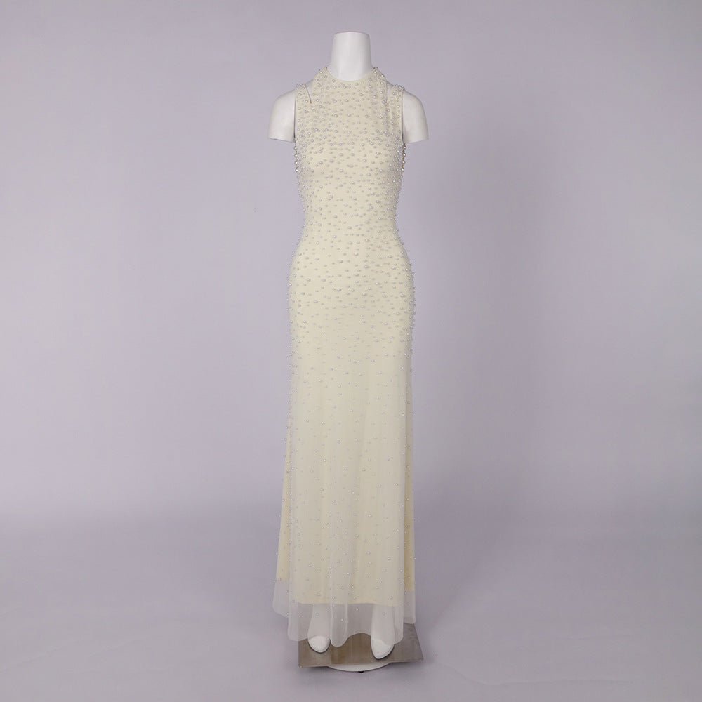 Ciselée Pearl Beaded Open Back Mermaid Maxi Dress