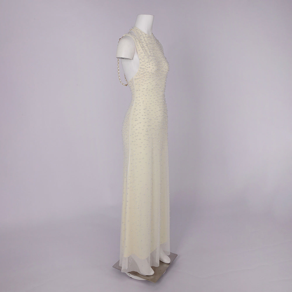 Ciselée Pearl Beaded Open Back Mermaid Maxi Dress