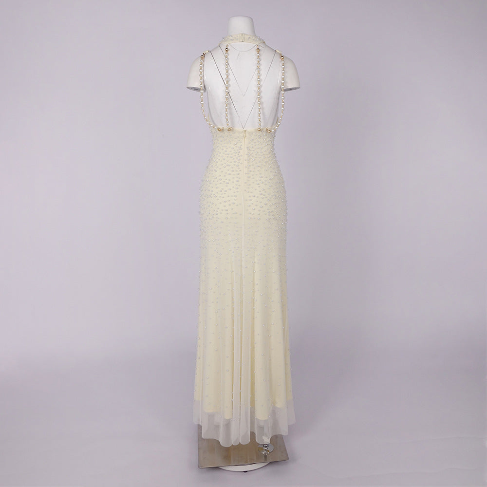 Ciselée Pearl Beaded Open Back Mermaid Maxi Dress
