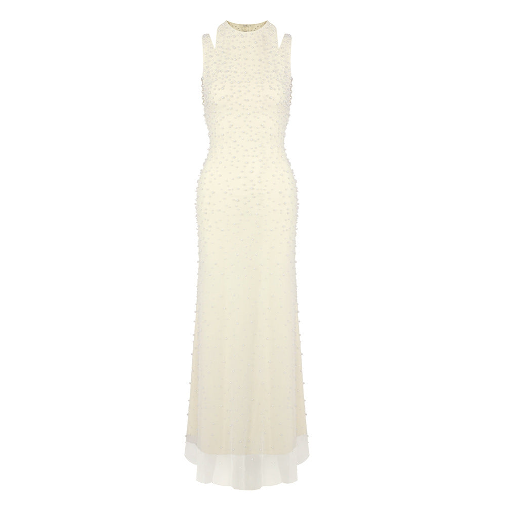 Ciselée Pearl Beaded Open Back Mermaid Maxi Dress