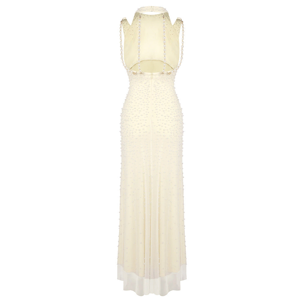 Ciselée Pearl Beaded Open Back Mermaid Maxi Dress