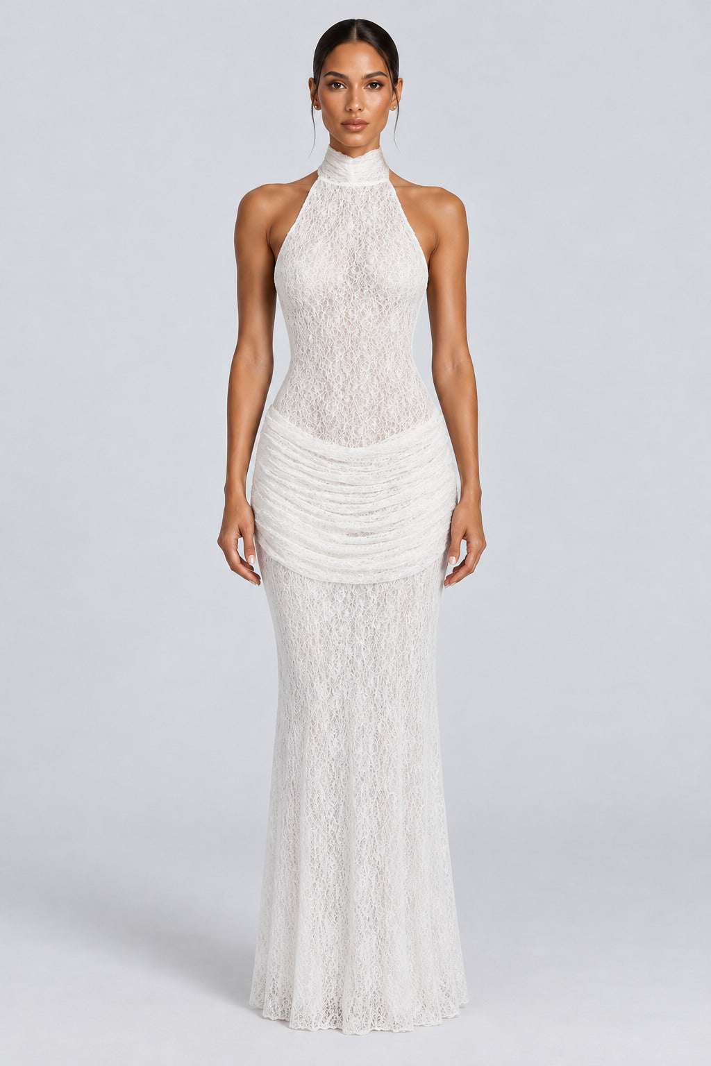 Cléophée Lace Halter Ruched Maxi Dress - White_-_selmori.com_-_01