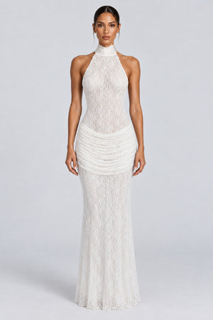 Cléophée Lace Halter Ruched Maxi Dress - White_-_selmori.com_-_01