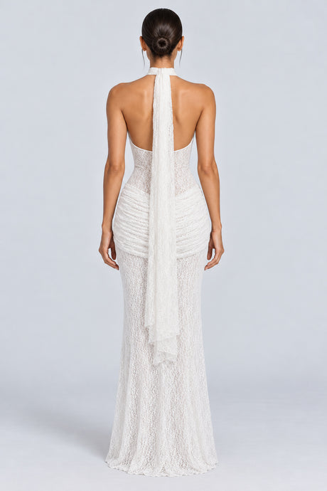 Cléophée Lace Halter Ruched Maxi Dress - White_-_selmori.com_-_02