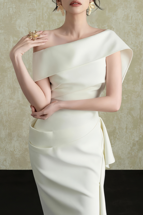 Selmori Ariane White Asymmetrical Gathered Midi Dress