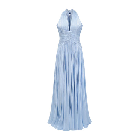 Vraie Plunging V-Neck Pleated Maxi Dress / Blue
