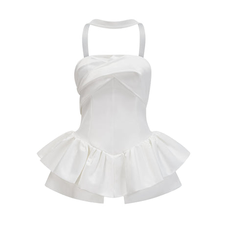 Selmori Aurélie white halterneck ruffled mini dress