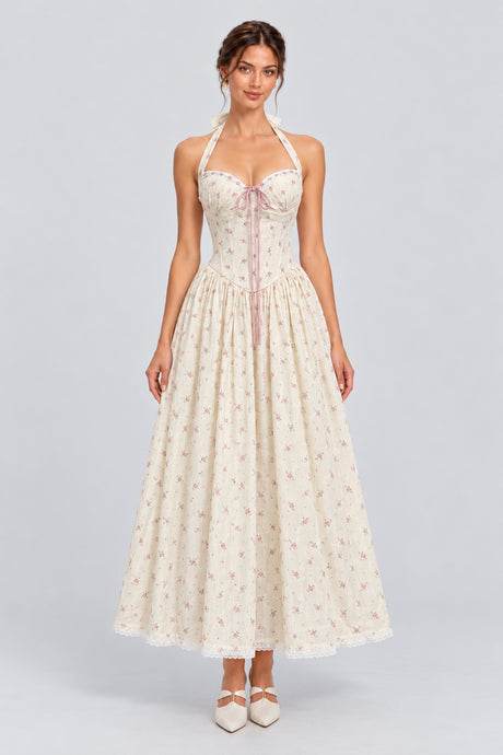 Domitille Floral Halter Corset Maxi Dress - White_-_selmori.com_-_01