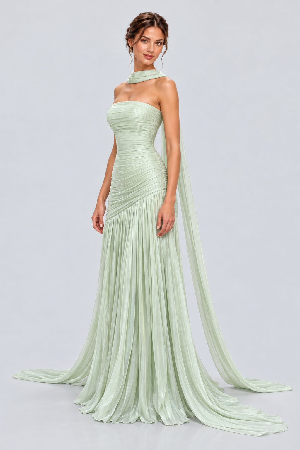 Eliorane Strapless Ruched Pleated Maxi Dress with Neck Sash - Light Green_-_selmori.com_-_05