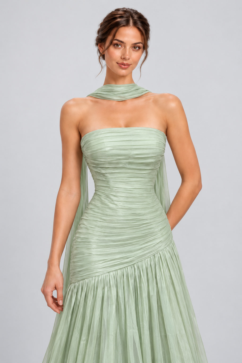 Eliorane Strapless Ruched Pleated Maxi Dress with Neck Sash - Light Green_-_selmori.com_-_07