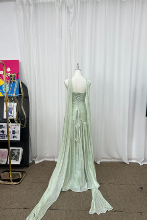 Eliorane Strapless Ruched Pleated Maxi Dress with Neck Sash - Light Green_-_selmori.com_-_10