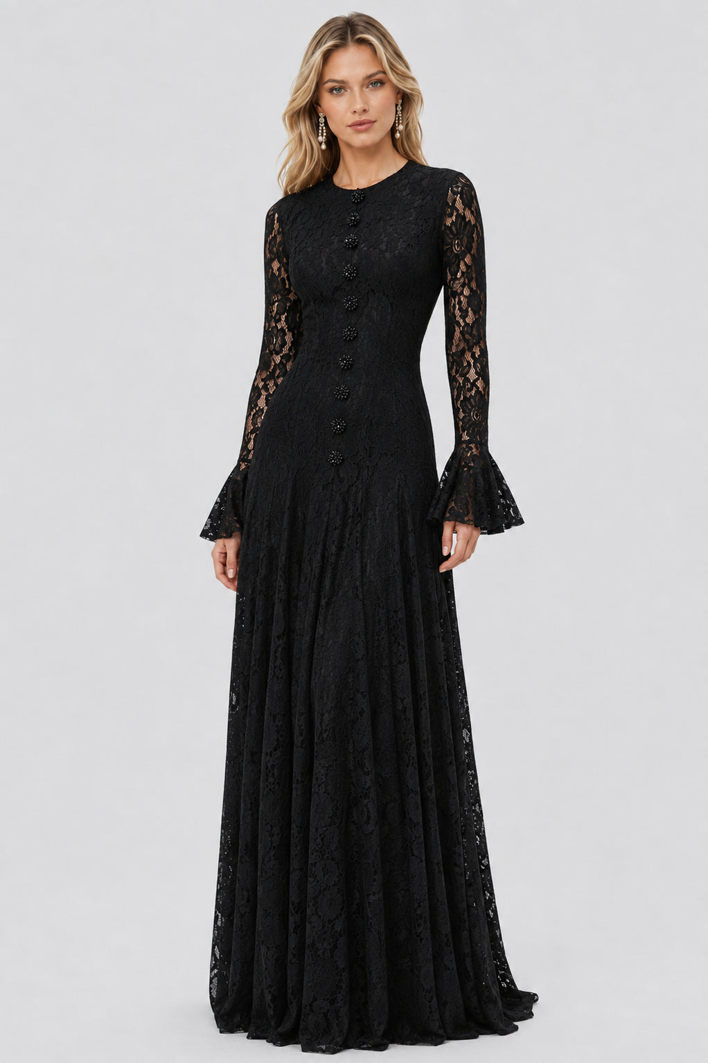 Élodiane Jewel-Button Bell-Sleeve Lace Maxi Dress - Black_-_selmori.com_-_06