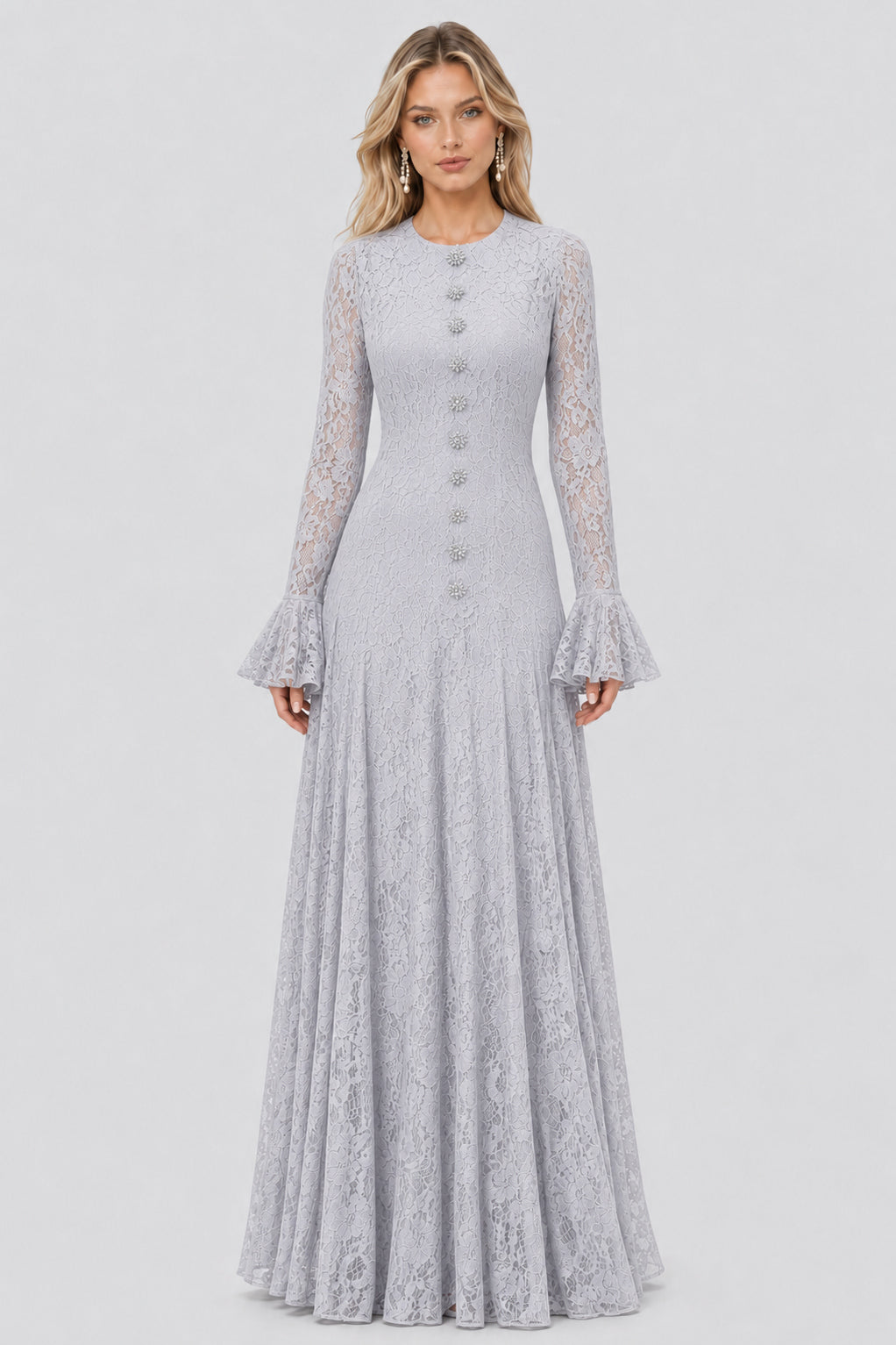 Élodiane Jewel-Button Bell-Sleeve Lace Maxi Dress - Gray_-_selmori.com_-_01