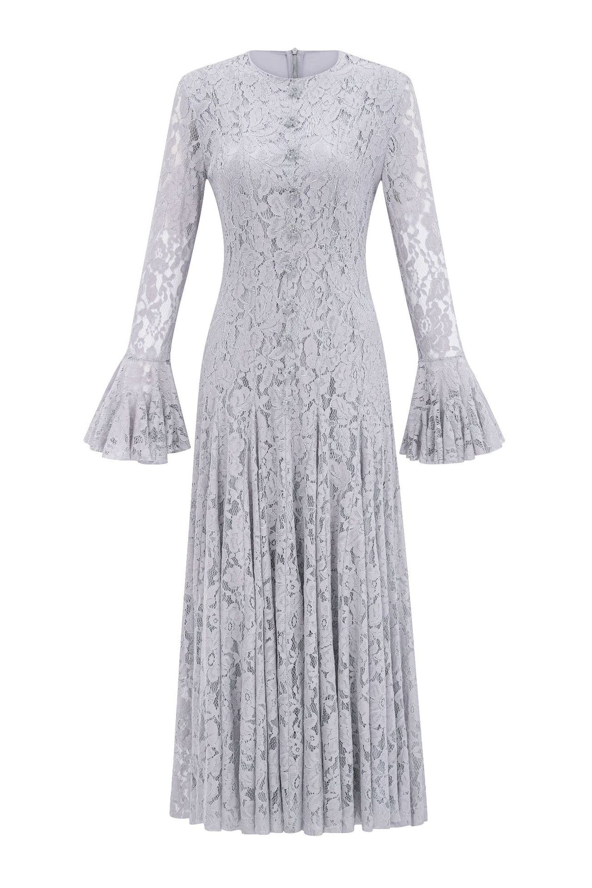 Élodiane Jewel-Button Bell-Sleeve Lace Maxi Dress - Gray_-_selmori.com_-_03