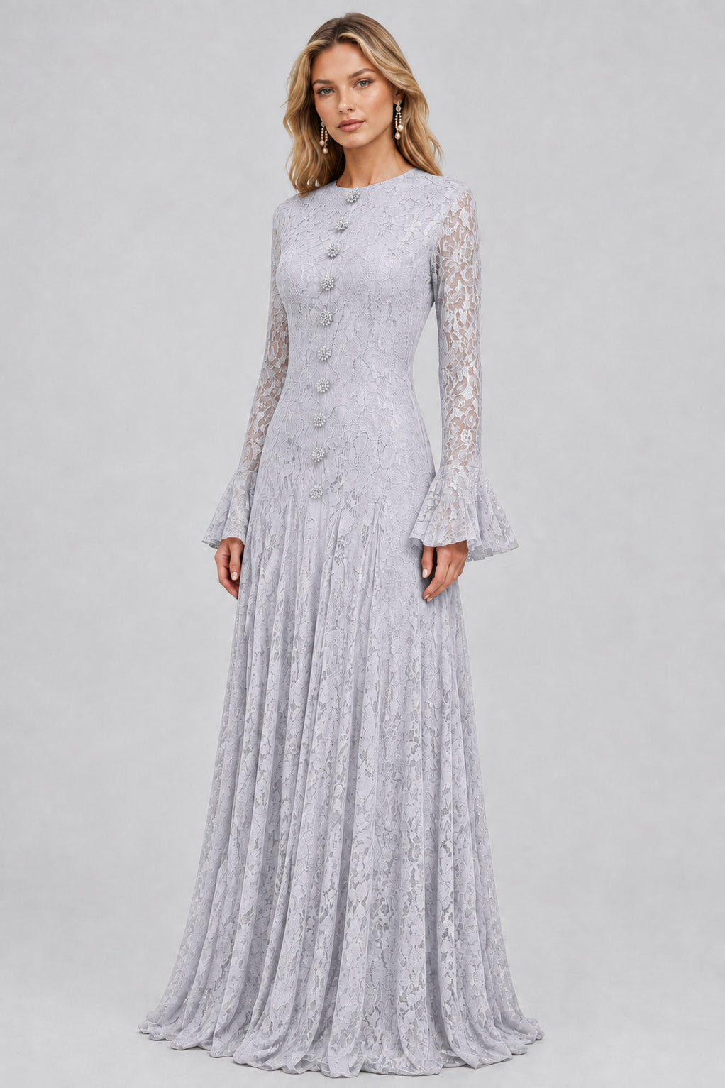 Élodiane Jewel-Button Bell-Sleeve Lace Maxi Dress - Gray_-_selmori.com_-_05