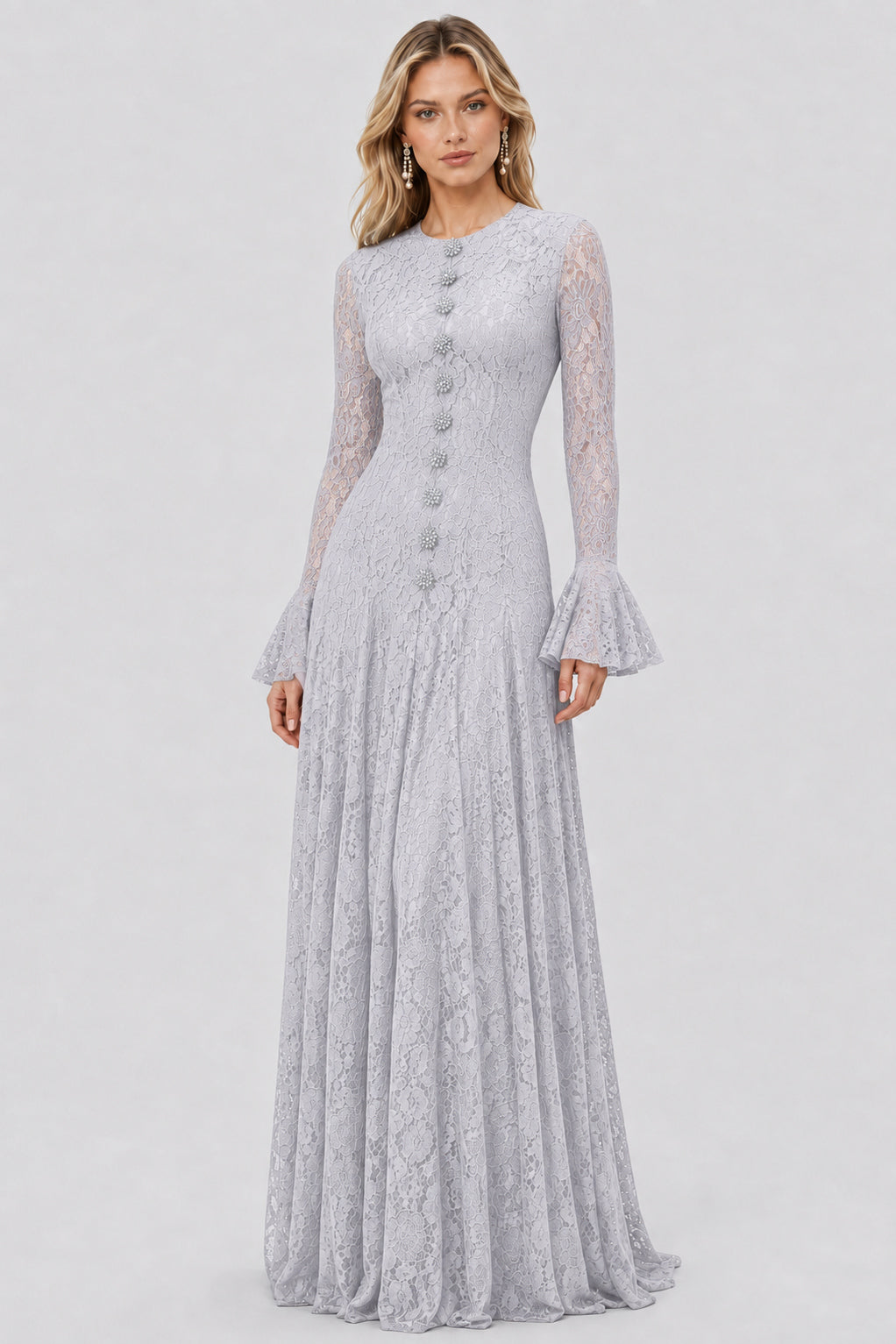 Élodiane Jewel-Button Bell-Sleeve Lace Maxi Dress - Gray_-_selmori.com_-_06
